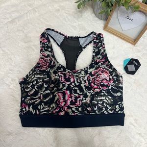 LuLaRoe Black Floral Sports Bra with Pink and Cream Accents